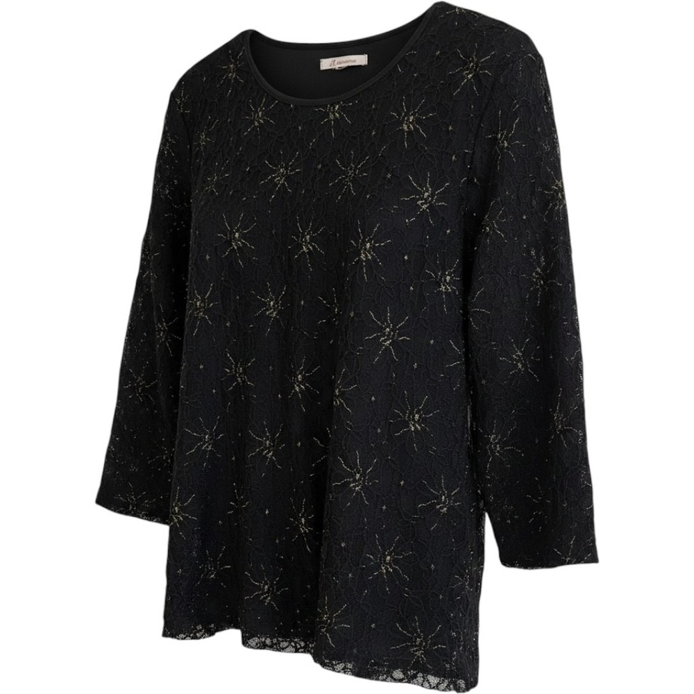 JM Collection Women Black Gold Metallic Floral Lace 3/4 Sleeve Blouse Top 1X